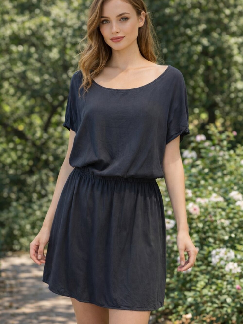 Splendid Black Rayon Mini Dress XL Soft Blouson Elastic Waist Casual Loungewear